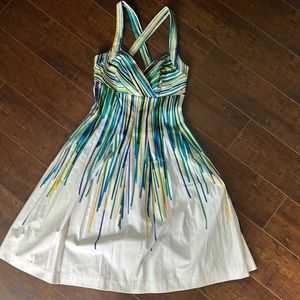 Calvin Klein dress off white with blue green and yellow stripes